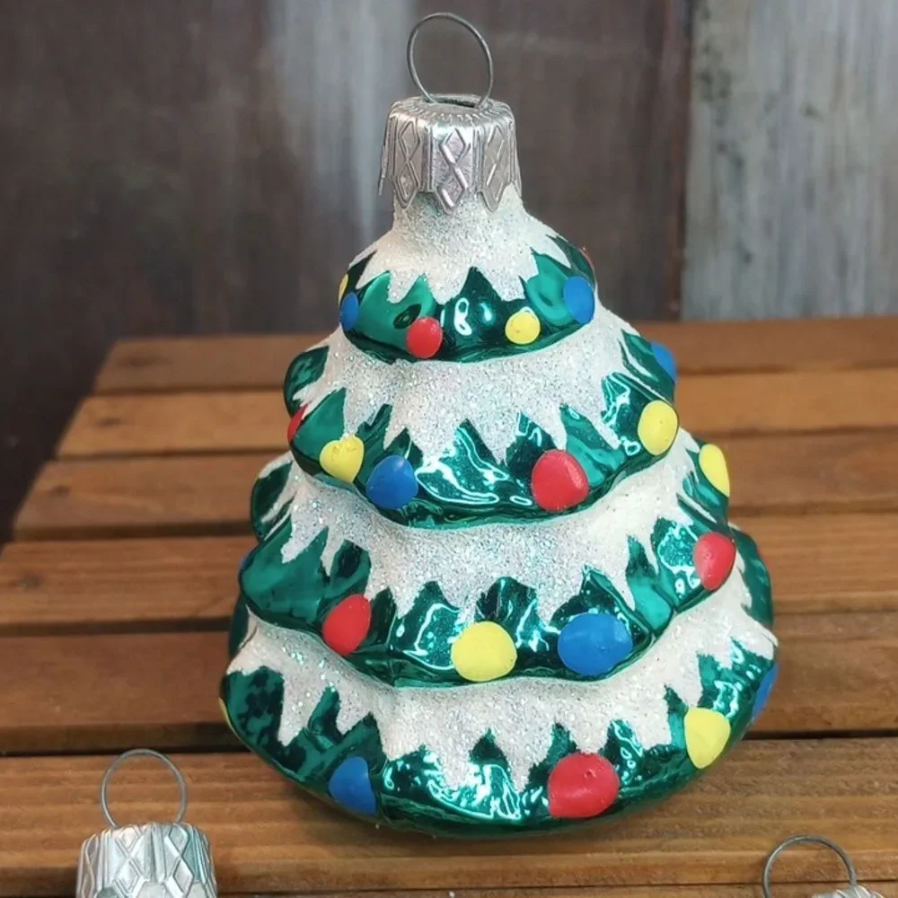Decorated Christmas Tree Shaped Hanging Ornaments With Glitter Bright Bulbs X3